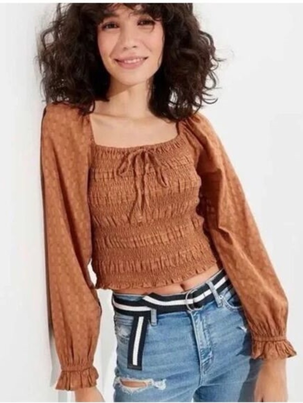 American Eagle Outfitters Rust Smocked Square-Neck Crop Top